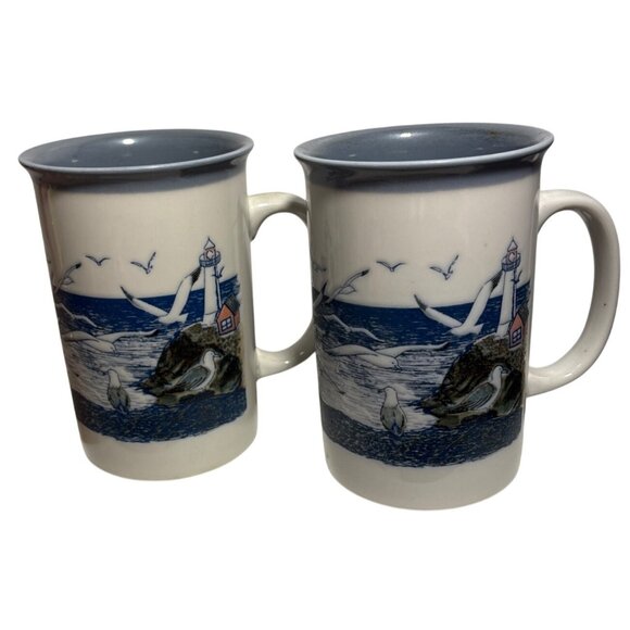 Otagiri Mug Lighthouse Ocean Seagulls Ceramic Cup Japan Set Of 2 Nautical 5" - Picture 1 of 10